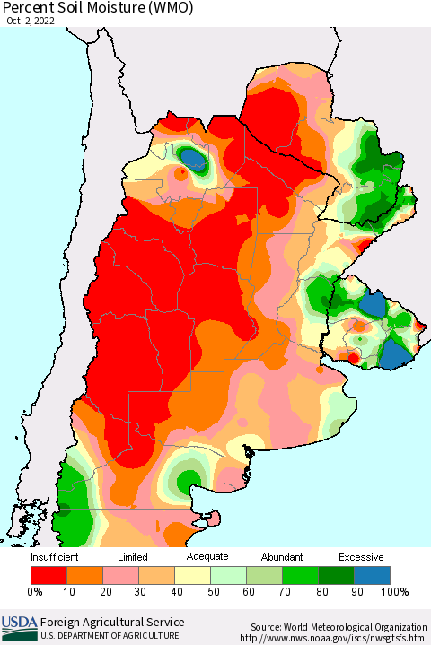 Southern South America Percent Soil Moisture (WMO) Thematic Map For 9/26/2022 - 10/2/2022