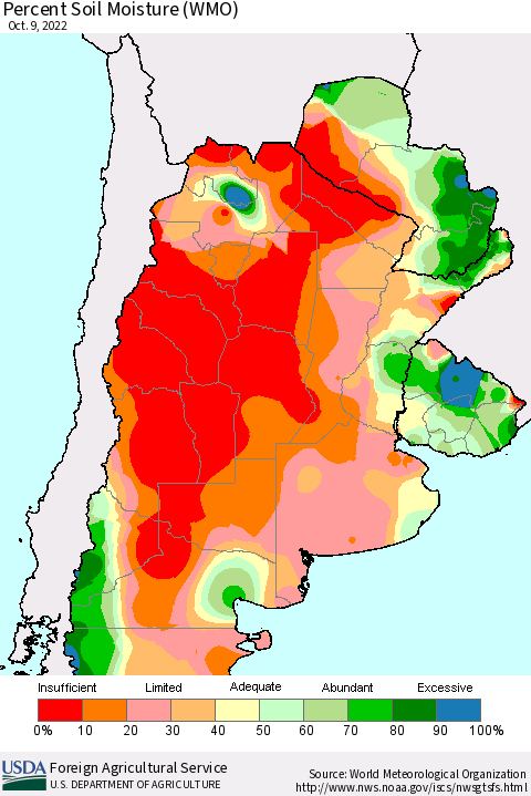 Southern South America Percent Soil Moisture (WMO) Thematic Map For 10/3/2022 - 10/9/2022
