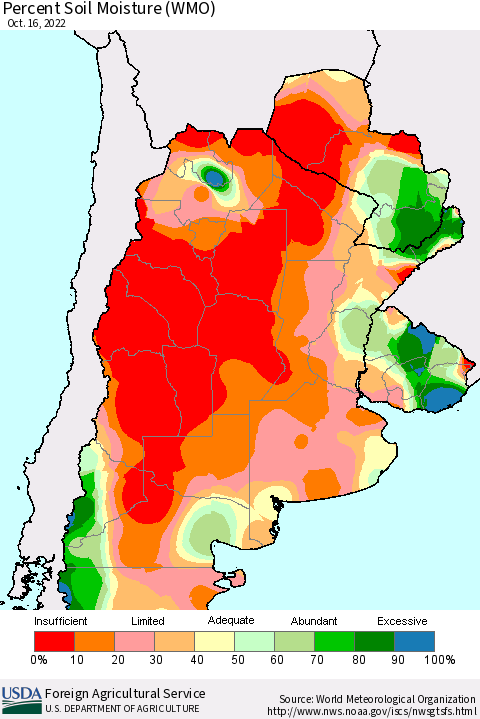 Southern South America Percent Soil Moisture (WMO) Thematic Map For 10/10/2022 - 10/16/2022
