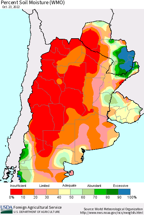 Southern South America Percent Soil Moisture (WMO) Thematic Map For 10/17/2022 - 10/23/2022