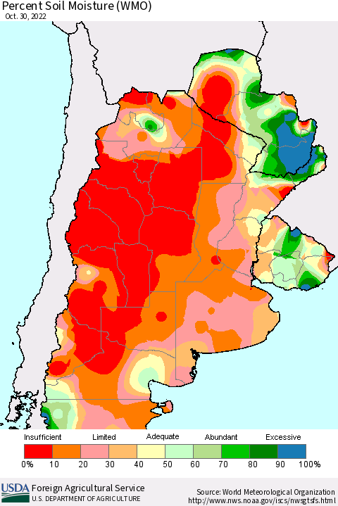 Southern South America Percent Soil Moisture (WMO) Thematic Map For 10/24/2022 - 10/30/2022