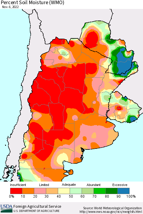 Southern South America Percent Soil Moisture (WMO) Thematic Map For 10/31/2022 - 11/6/2022
