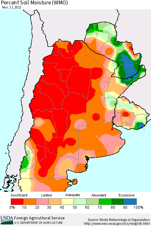 Southern South America Percent Soil Moisture (WMO) Thematic Map For 11/7/2022 - 11/13/2022