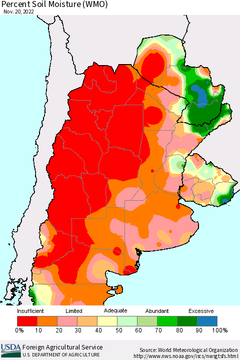 Southern South America Percent Soil Moisture (WMO) Thematic Map For 11/14/2022 - 11/20/2022