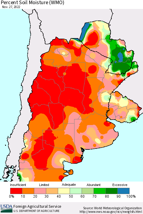 Southern South America Percent Soil Moisture (WMO) Thematic Map For 11/21/2022 - 11/27/2022
