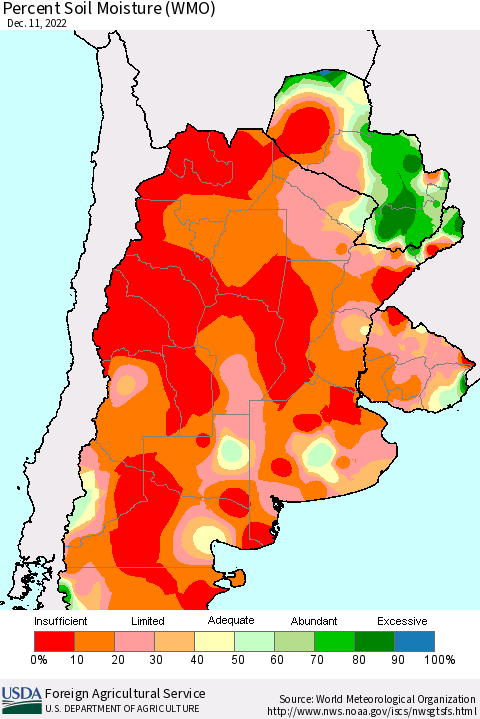 Southern South America Percent Soil Moisture (WMO) Thematic Map For 12/5/2022 - 12/11/2022