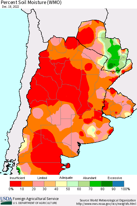 Southern South America Percent Soil Moisture (WMO) Thematic Map For 12/12/2022 - 12/18/2022