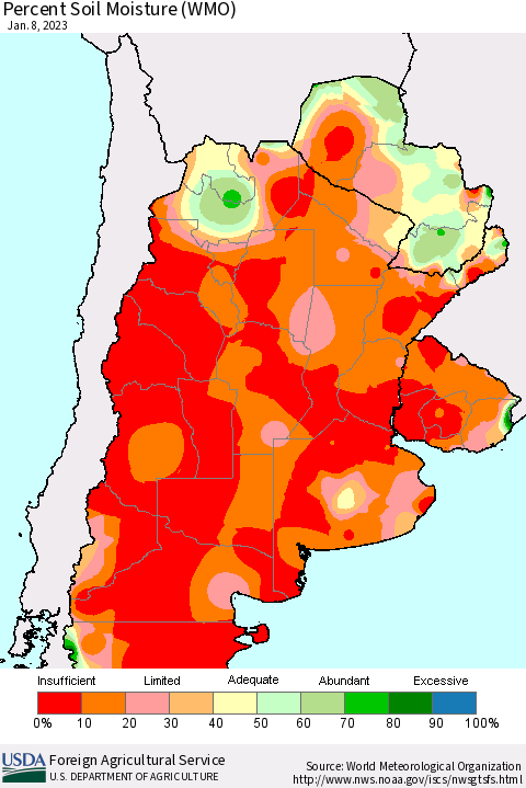 Southern South America Percent Soil Moisture (WMO) Thematic Map For 1/2/2023 - 1/8/2023