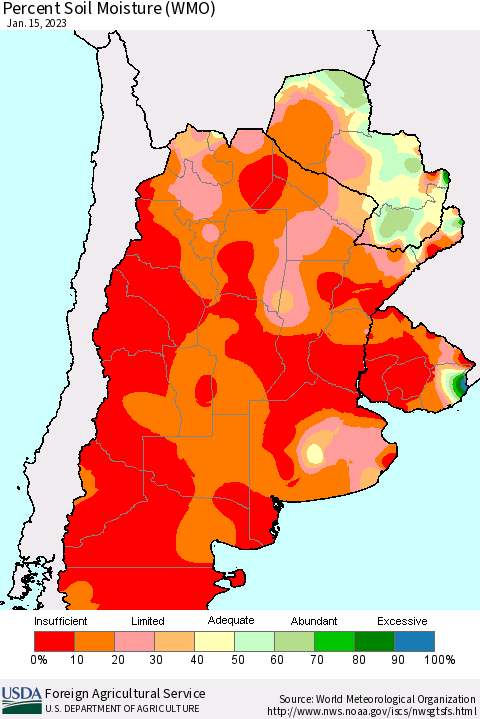 Southern South America Percent Soil Moisture (WMO) Thematic Map For 1/9/2023 - 1/15/2023