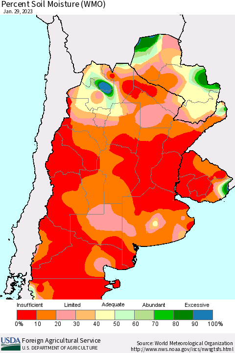 Southern South America Percent Soil Moisture (WMO) Thematic Map For 1/23/2023 - 1/29/2023
