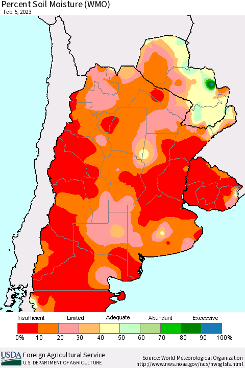 Southern South America Percent Soil Moisture (WMO) Thematic Map For 1/30/2023 - 2/5/2023