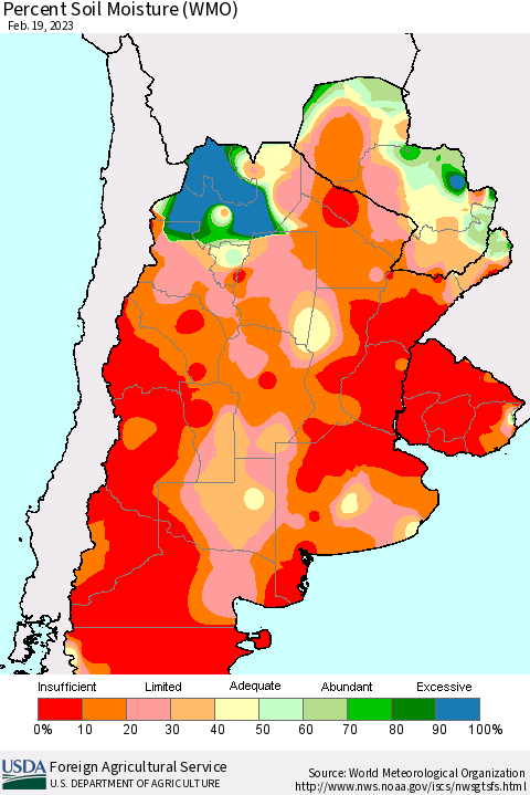 Southern South America Percent Soil Moisture (WMO) Thematic Map For 2/13/2023 - 2/19/2023