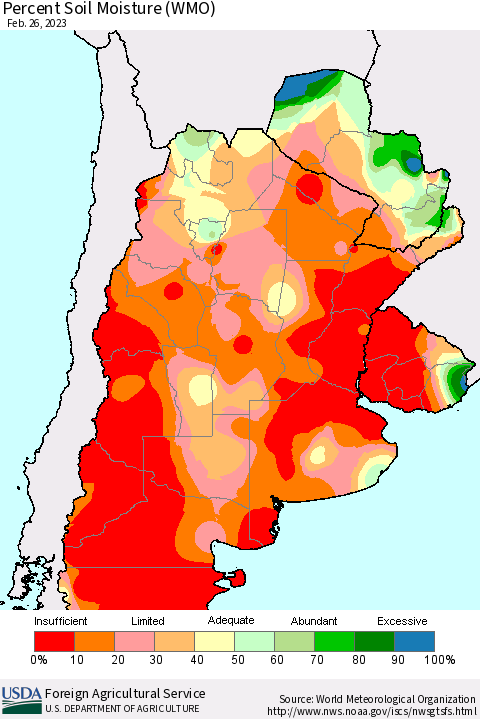 Southern South America Percent Soil Moisture (WMO) Thematic Map For 2/20/2023 - 2/26/2023