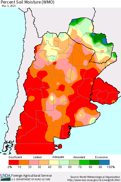 Southern South America Percent Soil Moisture (WMO) Thematic Map For 2/27/2023 - 3/5/2023