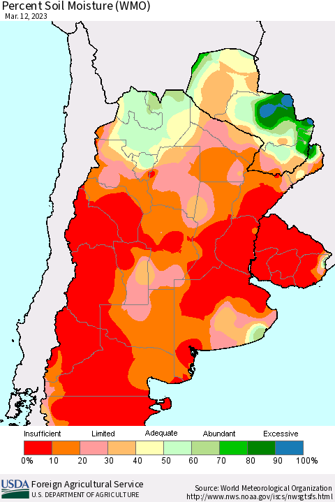Southern South America Percent Soil Moisture (WMO) Thematic Map For 3/6/2023 - 3/12/2023