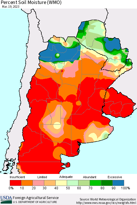 Southern South America Percent Soil Moisture (WMO) Thematic Map For 3/13/2023 - 3/19/2023