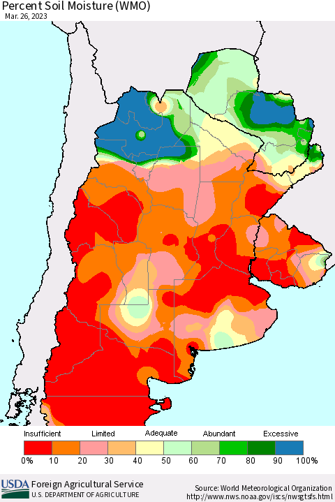 Southern South America Percent Soil Moisture (WMO) Thematic Map For 3/20/2023 - 3/26/2023
