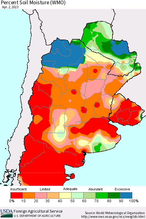Southern South America Percent Soil Moisture (WMO) Thematic Map For 3/27/2023 - 4/2/2023