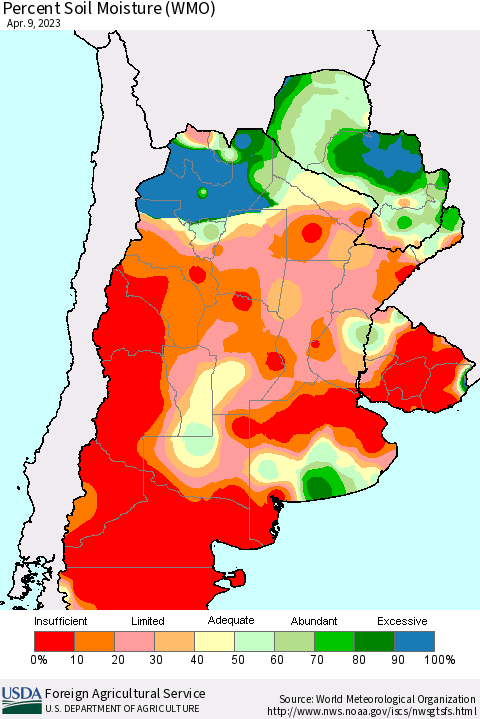 Southern South America Percent Soil Moisture (WMO) Thematic Map For 4/3/2023 - 4/9/2023