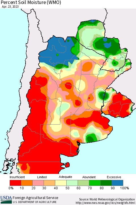 Southern South America Percent Soil Moisture (WMO) Thematic Map For 4/17/2023 - 4/23/2023