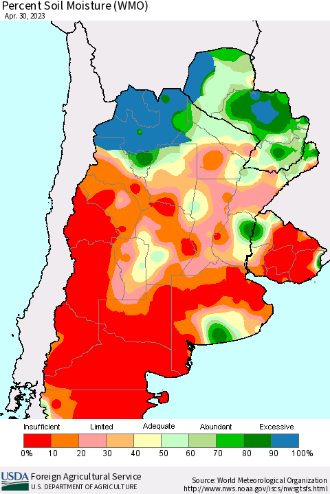 Southern South America Percent Soil Moisture (WMO) Thematic Map For 4/24/2023 - 4/30/2023