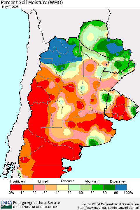 Southern South America Percent Soil Moisture (WMO) Thematic Map For 5/1/2023 - 5/7/2023