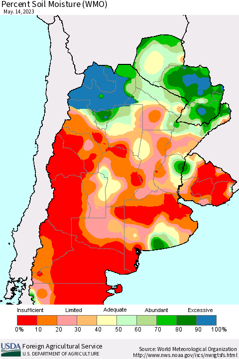 Southern South America Percent Soil Moisture (WMO) Thematic Map For 5/8/2023 - 5/14/2023