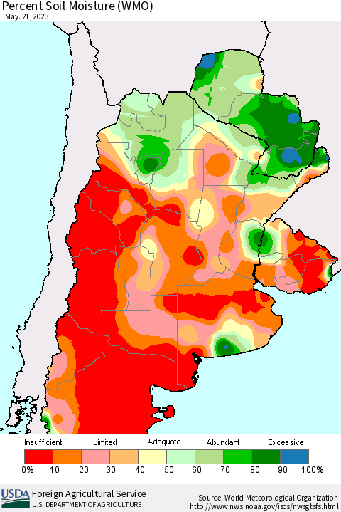 Southern South America Percent Soil Moisture (WMO) Thematic Map For 5/15/2023 - 5/21/2023