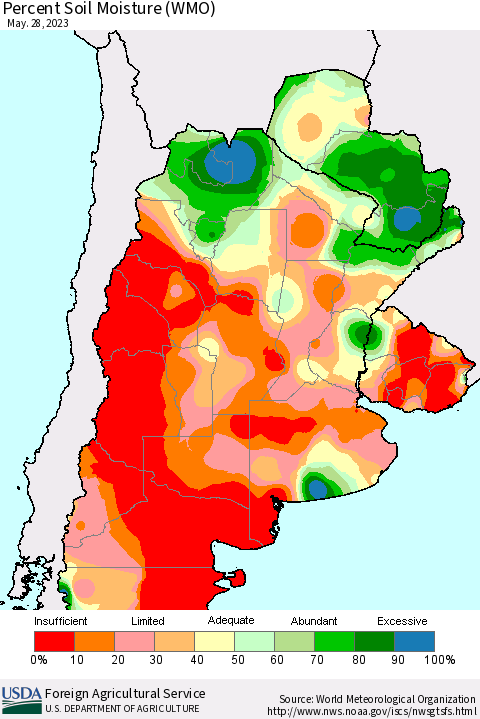 Southern South America Percent Soil Moisture (WMO) Thematic Map For 5/22/2023 - 5/28/2023