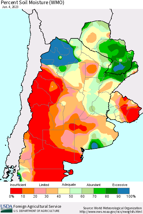 Southern South America Percent Soil Moisture (WMO) Thematic Map For 5/29/2023 - 6/4/2023