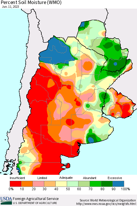 Southern South America Percent Soil Moisture (WMO) Thematic Map For 6/5/2023 - 6/11/2023