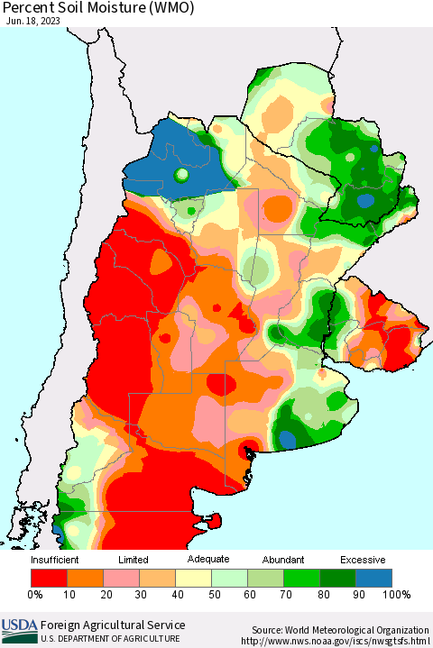 Southern South America Percent Soil Moisture (WMO) Thematic Map For 6/12/2023 - 6/18/2023