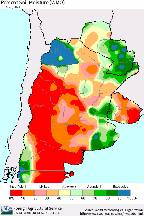 Southern South America Percent Soil Moisture (WMO) Thematic Map For 6/19/2023 - 6/25/2023