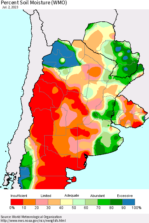 Southern South America Percent Soil Moisture (WMO) Thematic Map For 6/26/2023 - 7/2/2023