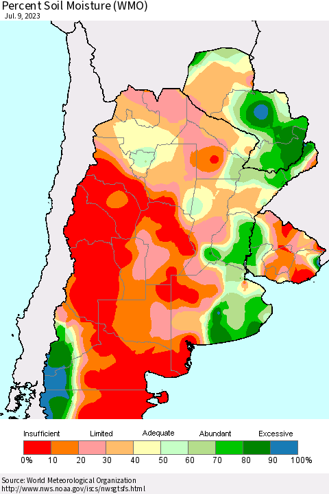 Southern South America Percent Soil Moisture (WMO) Thematic Map For 7/3/2023 - 7/9/2023