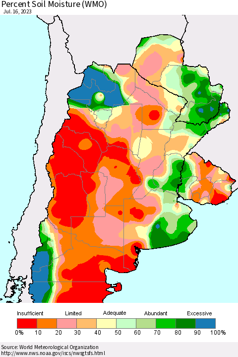 Southern South America Percent Soil Moisture (WMO) Thematic Map For 7/10/2023 - 7/16/2023