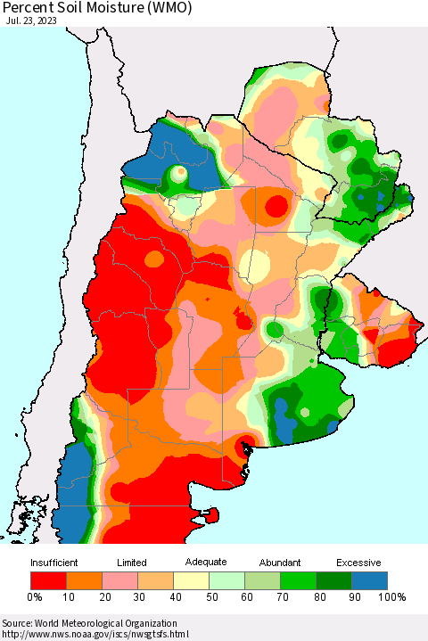 Southern South America Percent Soil Moisture (WMO) Thematic Map For 7/17/2023 - 7/23/2023
