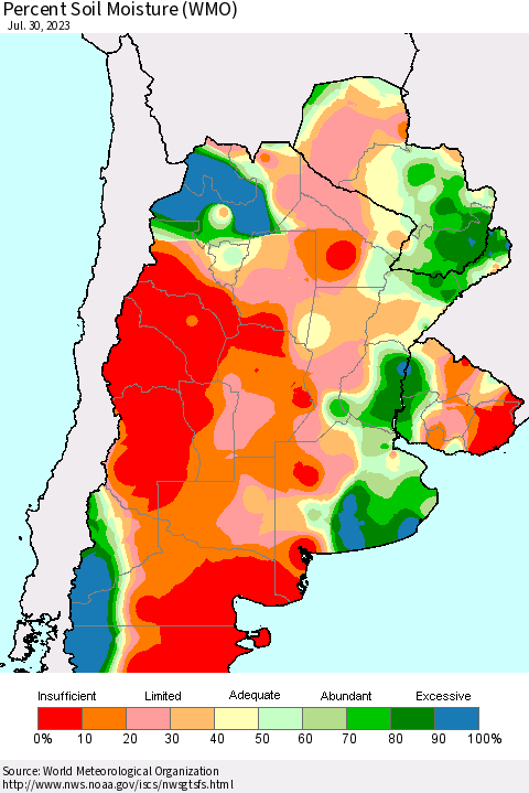 Southern South America Percent Soil Moisture (WMO) Thematic Map For 7/24/2023 - 7/30/2023