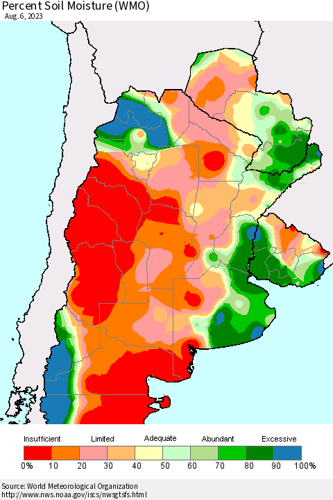Southern South America Percent Soil Moisture (WMO) Thematic Map For 7/31/2023 - 8/6/2023