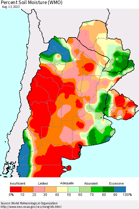 Southern South America Percent Soil Moisture (WMO) Thematic Map For 8/7/2023 - 8/13/2023