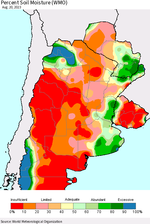 Southern South America Percent Soil Moisture (WMO) Thematic Map For 8/14/2023 - 8/20/2023