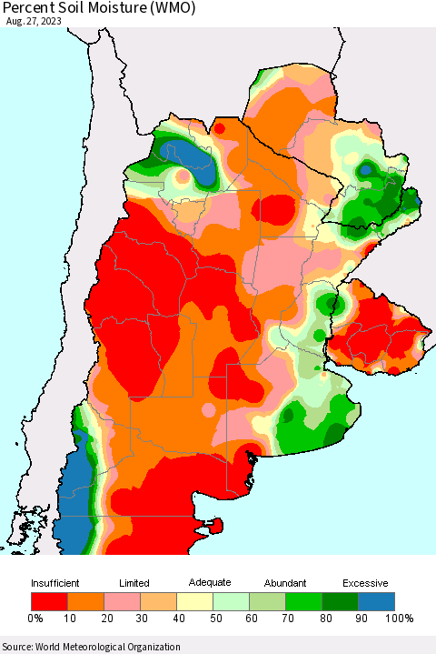 Southern South America Percent Soil Moisture (WMO) Thematic Map For 8/21/2023 - 8/27/2023
