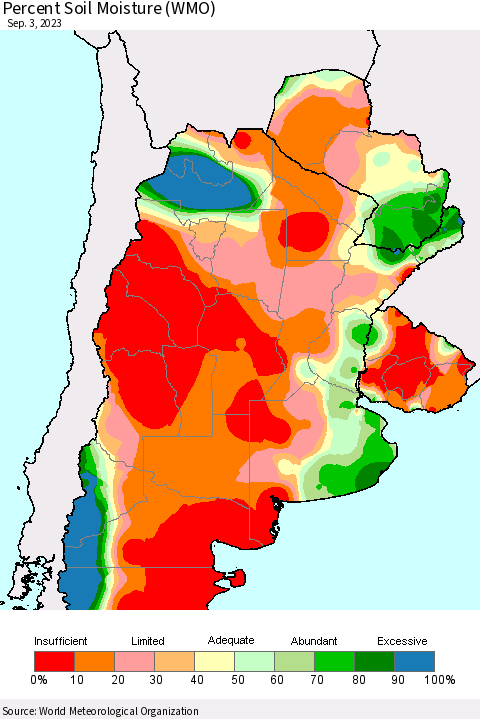 Southern South America Percent Soil Moisture (WMO) Thematic Map For 8/28/2023 - 9/3/2023