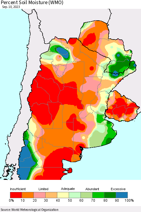 Southern South America Percent Soil Moisture (WMO) Thematic Map For 9/4/2023 - 9/10/2023