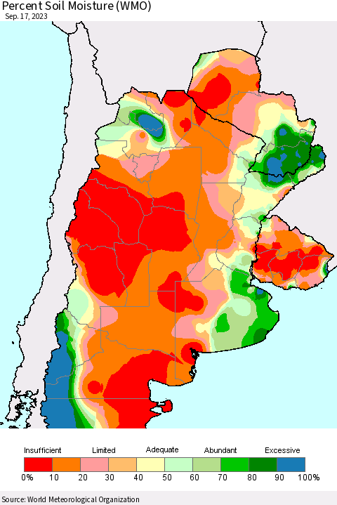 Southern South America Percent Soil Moisture (WMO) Thematic Map For 9/11/2023 - 9/17/2023
