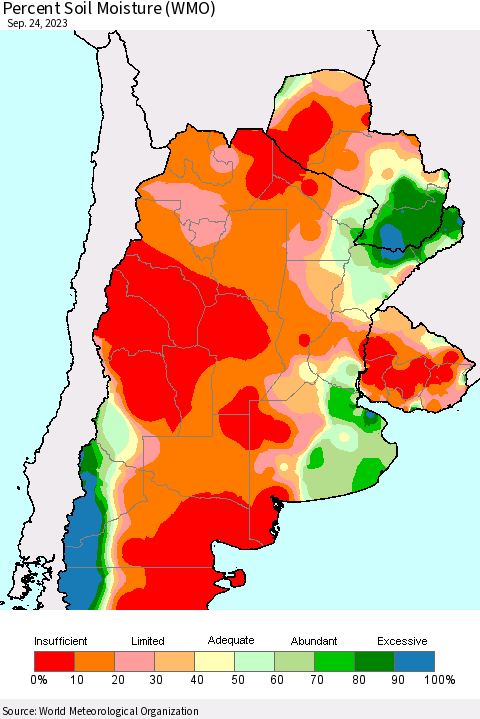 Southern South America Percent Soil Moisture (WMO) Thematic Map For 9/18/2023 - 9/24/2023