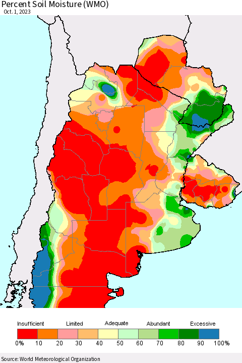 Southern South America Percent Soil Moisture (WMO) Thematic Map For 9/25/2023 - 10/1/2023