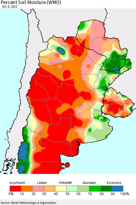 Southern South America Percent Soil Moisture (WMO) Thematic Map For 10/2/2023 - 10/8/2023