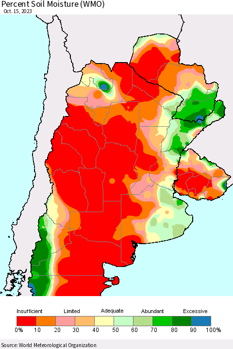 Southern South America Percent Soil Moisture (WMO) Thematic Map For 10/9/2023 - 10/15/2023