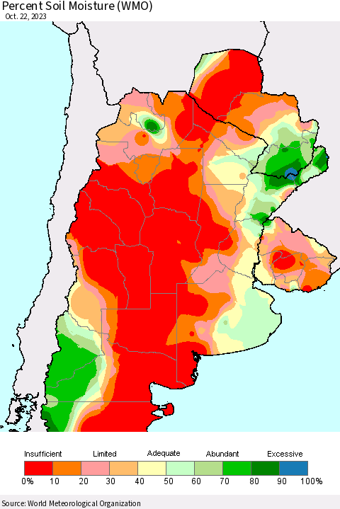 Southern South America Percent Soil Moisture (WMO) Thematic Map For 10/16/2023 - 10/22/2023